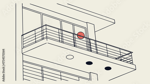 Minimalist line drawing of a modern building facade with balconies