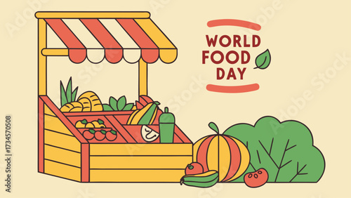 World food day illustration with a market stall full of fresh produce and a large pumpkin