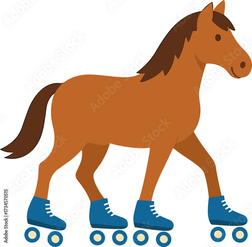 A brown horse wearing blue roller skates walks playfully, blending elegance with a humorous sports twist