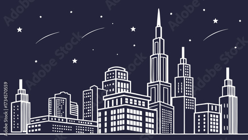 White outline of a city skyline at night with stars and shooting stars against a dark blue background