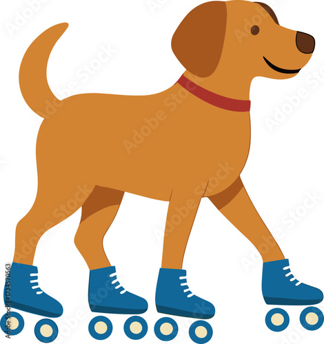 A happy brown dog wearing blue roller skates walks cheerfully, combining playfulness with a sporty twist.