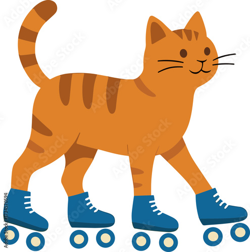 A cheerful orange cat with stripes wears blue roller skates, combining a playful pet with a sporty twist