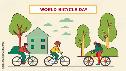 People riding bicycles on world bicycle day with trees and a house