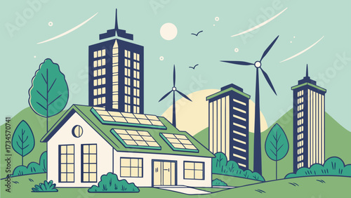 Sustainable cityscape with a house featuring solar panels and wind turbines, alongside modern buildings