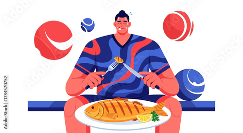 Illustration of a man enjoying a grilled fish with knife and fork in a vibrant and modern setting