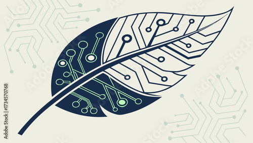 Stylized feather with integrated circuit board patterns, symbolizing ecofriendly technology and nature