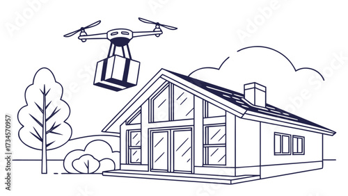 Drone delivering package to a modern house, aerial delivery service, future logistics, smart home, suburban life