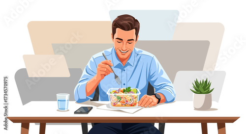 Illustration of a man enjoying healthy lunch at his desk during a workday break