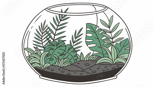 Terrarium with various green plants and soil in a glass bowl