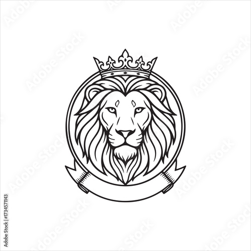 Regal lion portrait wearing a crown, majestic mane illustration for heraldry and tattoo design art