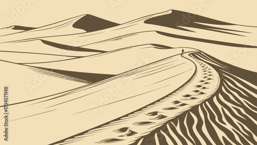 Footprints in the sand dunes of a vast desert, a solitary travelers path winding through the arid landscape