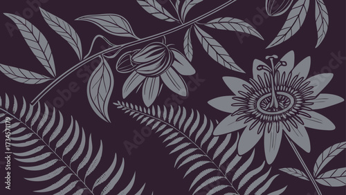 Intricate botanical illustration of passionflower and fern leaves against a dark, moody background