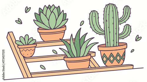 Collection of potted succulent and cactus plants on a wooden shelf