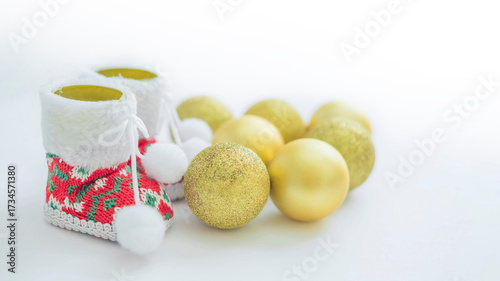 Christmas ornaments on a white background with copy space.