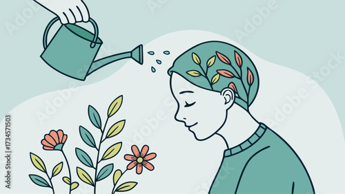 Person watering head with plants growing, concept of mental growth, selfcare, and learning