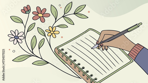 Hand writing in a notebook with flowers and leaves growing from the side