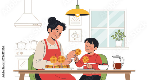 Illustration of a mother and son enjoying waffles in a brightly lit kitchen setting scene