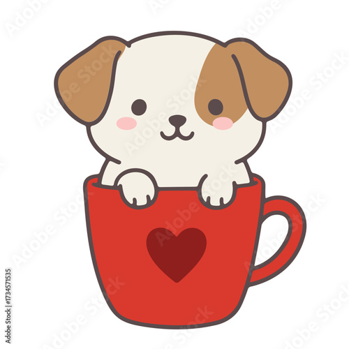 Cute puppy dog in red heart cup adorable animal illustration kawaii pet cartoon drawing domestic canine friend design