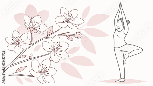 Woman doing yoga tree pose near blooming cherry blossom branches