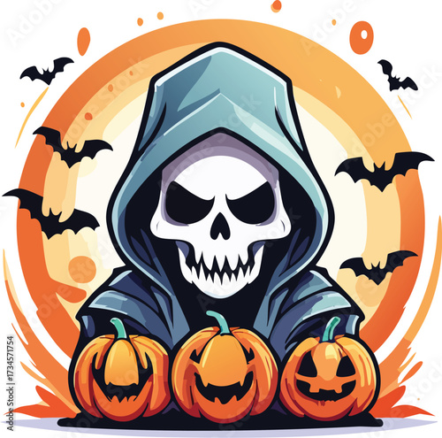 Spooky Halloween illustration featuring a grim reaper with pumpkins and bats.