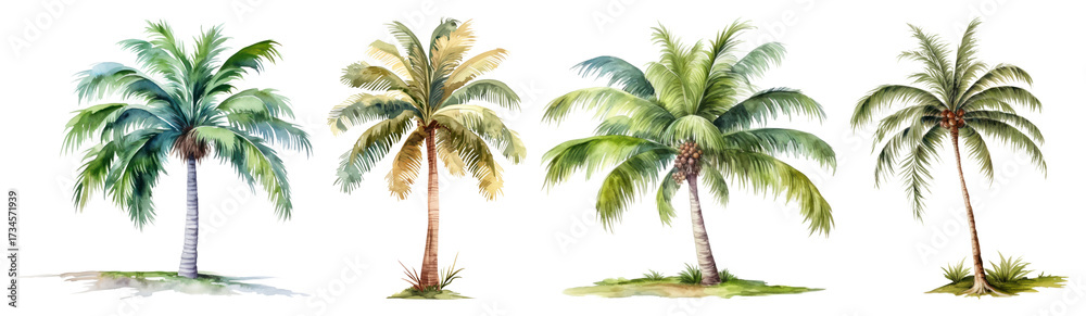 Obraz premium PNG Watercolor palm tree illustrations, element set on transparent background