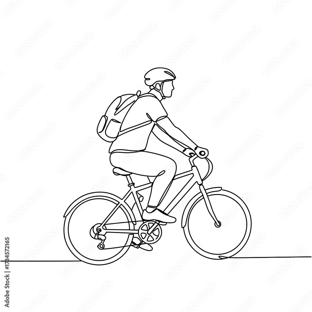 Obraz premium Man riding bicycle in casual outfit with backpack in simple outline 