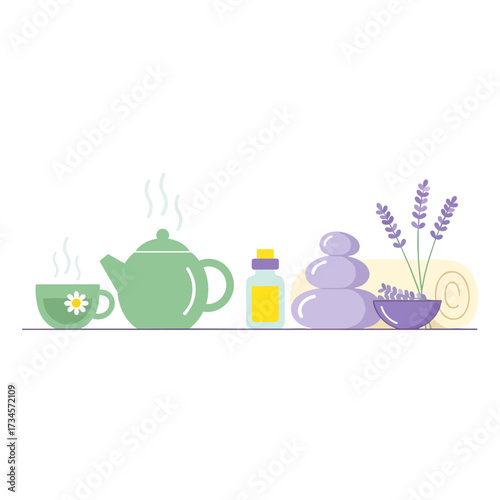 Herbal tea pot and spa set with calming colors and accessories  