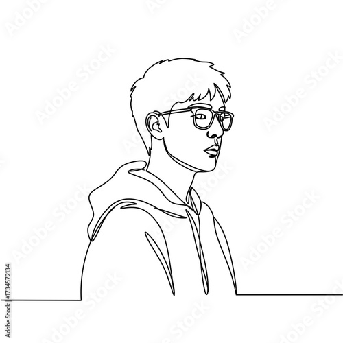 Young man with glasses and hoodie in minimal line art style  