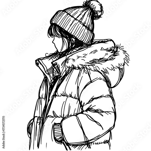 Young woman wearing winter coat and hat in profile view  