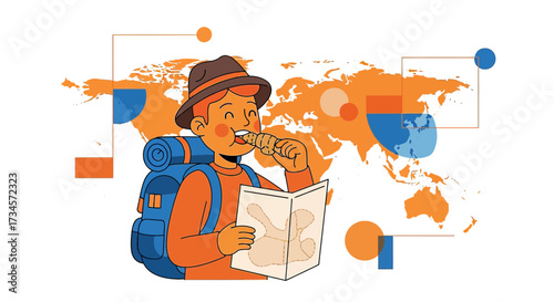 Illustration of a traveling man eating a croissant while reading a map with world map backdrop