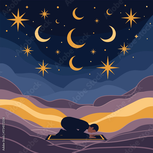 Illustration of a person praying under a starry, moonlit sky.
