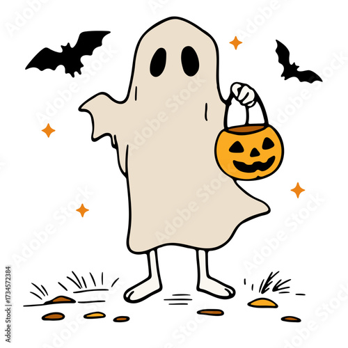Halloween ghost with pumpkin bucket and bats spooky season trick or treat halloween night vector art