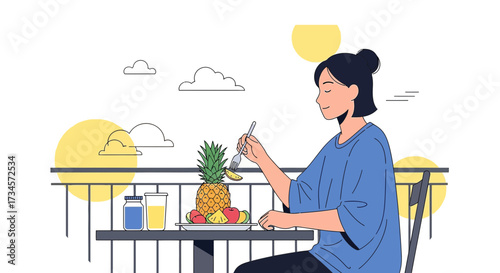 Illustration of a woman enjoying a healthy fruit breakfast on a sunny balcony with a refreshing view