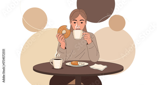 Illustration of a woman enjoying a morning breakfast with bagel and coffee concept art
