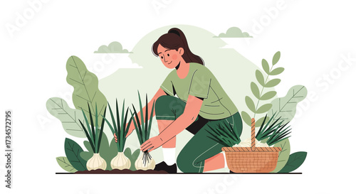 Illustration of a woman harvesting onions in a garden with a basket of produce and plants