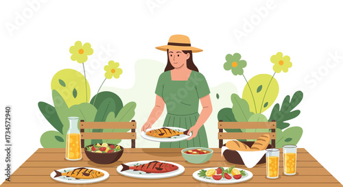Illustration of a woman serving grilled fish at an outdoor garden party table