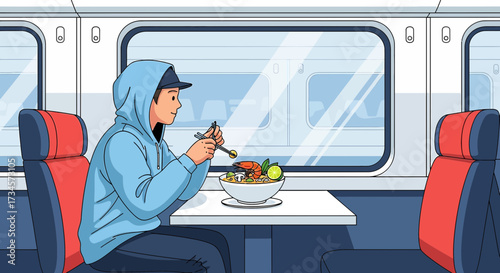 Illustration of a young man enjoying a meal on a train journey with a bowl of delicious food