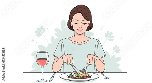 Illustration of a young woman enjoying a meal with a glass of red wine delicately presented