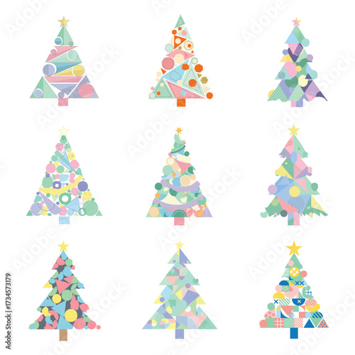 A collection of nine stylized Christmas trees with abstract geometric patterns and pastel colors, each topped with a star.