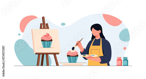 Illustration of a young woman painting a cupcake with passion and creativity using art supplies in
