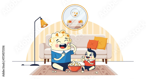 Illustration of happy popcorn characters enjoying a movie night at home together
