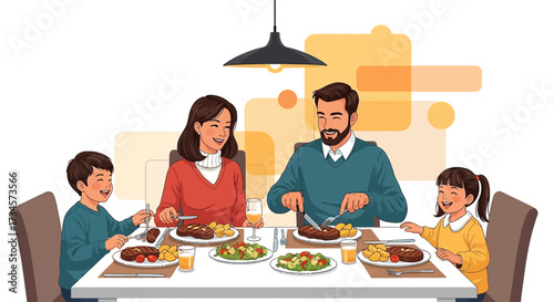 Illustration of happy family having dinner together at home with smiling faces and delicious food