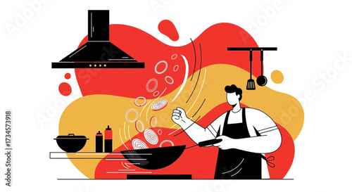 Illustrative depiction of a chef cooking with onions in a vibrant kitchen setting