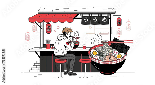 Illustrative depiction of a person enjoying ramen at a vibrant street food stall setting