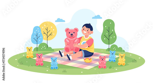Joyful Boy Enjoying a Picnic with Giant Gummy Bear in a Lush Green Park Setting