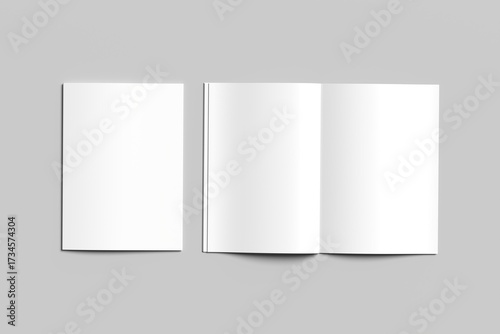 A clean and modern mockup showcasing one open magazine and one closed catalog on a neutral flat surface. Perfect for presenting cover designs, editorial layouts, product catalog, or branding portfolio