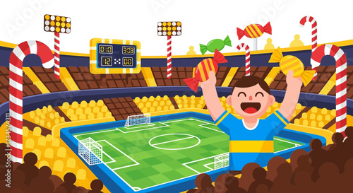 Joyful soccer celebration at a stadium with candy cane decorations and excited fan