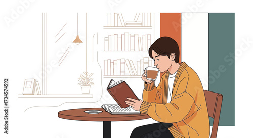 Man enjoys a moment of leisure reading a book and drinking coffee at a cozy café with a library