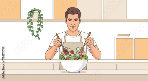 Man prepares a healthy salad in a bright kitchen a visual story of healthy living and fresh food
