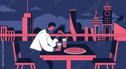 Modern illustration of a man enjoying pizza with a cityscape view, reflecting vibrant urban life